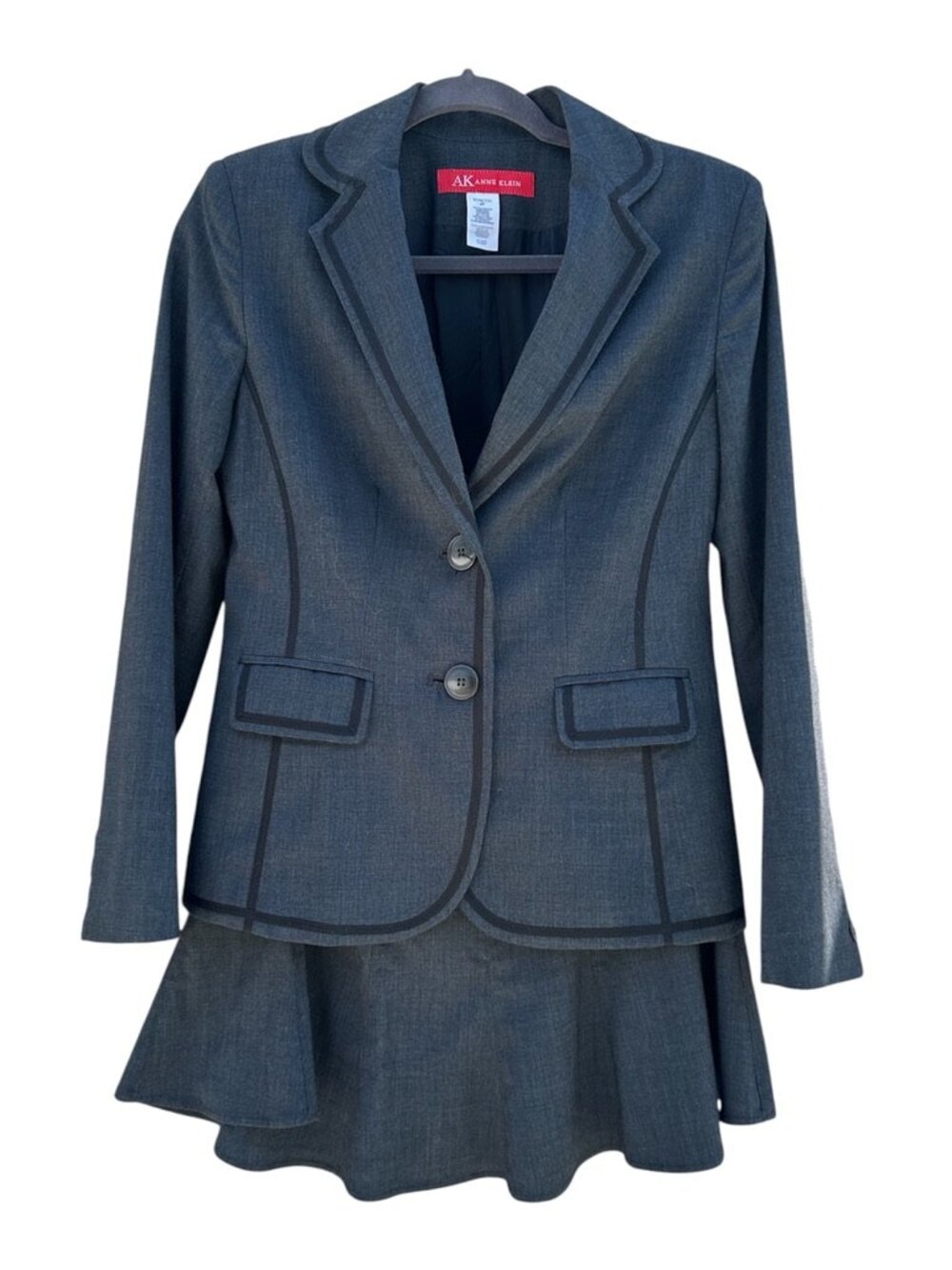 AK Anne Klein Gray Black Trim Skirt Suit Blazer Set Petite 6P